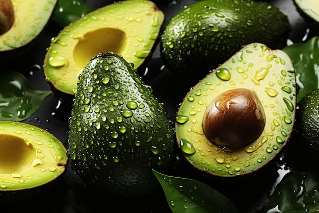 Frische und reife Avocados auf einer glatten schwarzen Oberfläche – ein generatives KI-Meisterwerk