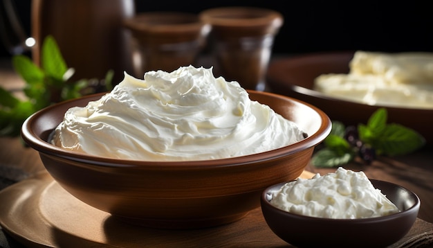 Foto frische und sahne in einer schüssel joghurt, die von ki generiert wurde