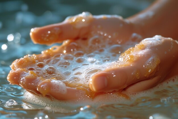 Frische und saubere Nahaufnahmen von Händen, die mit schaumiger Seife gewaschen werden, die Hygiene und Gesundheit fördern