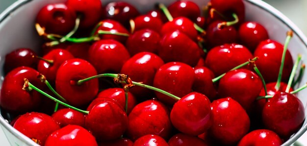 Frische und schöne rote Kirschen in weißen Gerichten. Saisonale Beeren und gesunde Ernährung