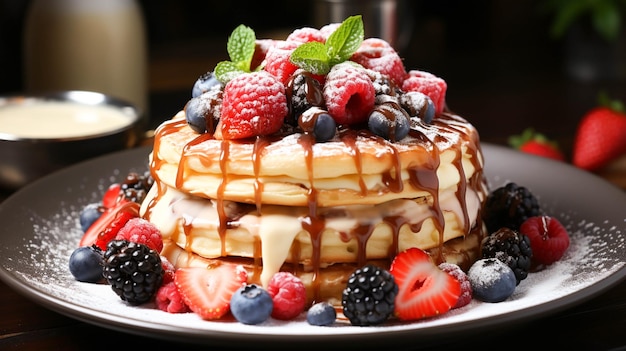 Frische und Süße auf einem Teller hausgemachter Pfannkuchen mit Beeren