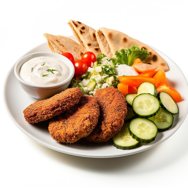 Frische vegetarische Falafel mit Tzatziki-Sauce und frischem Gemüse auf weißem Hintergrund