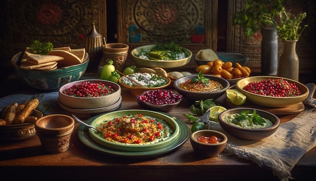 Frische vegetarische Gourmet-Mahlzeit auf rustikalem Holztisch, generiert von AI