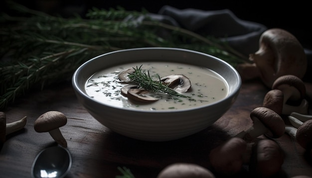 Frische vegetarische Pilzsuppe serviert in einer rustikalen Holzschüssel mit Petersilie, erzeugt durch künstliche Intelligenz