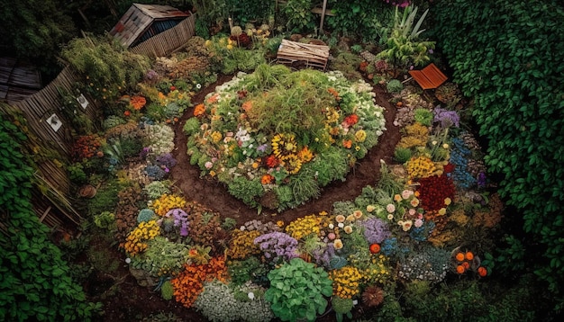 Frische violette Blüten schmücken die von KI generierte formelle Gartenlandschaft