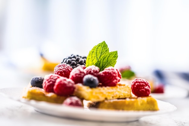 Frische Waffeln mit Beerenzuckerpuder und Minzblättern.