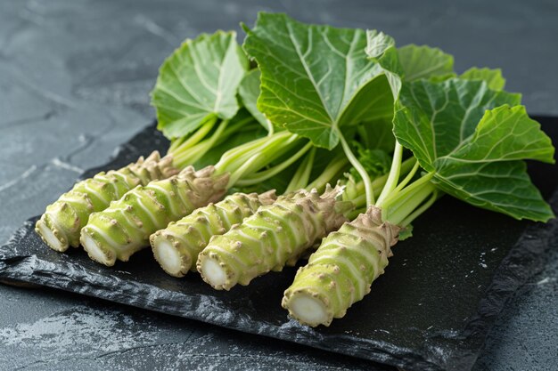 Frische Wasabi-Wurzeln auf grünem Laub