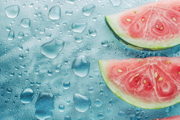 Frische Wassermelonen auf hellblauem Hintergrund mit Wassertropfen