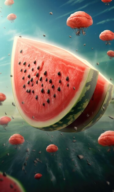 Frische Wassermelonenfrüchte fliegen im Restaurant- und Gartenhintergrund im Studiohintergrund