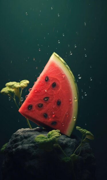 Frische Wassermelonenfrüchte fliegen im Restaurant- und Gartenhintergrund im Studiohintergrund