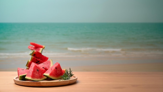 Frische Wassermelonenscheiben auf Holztablett mit Sommerstrand im Hintergrund