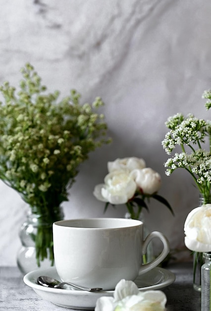 Frische weiße Gypsophila Piones auf weißem Hintergrund Hochzeitsdatum Eine Einladung zu einem Urlaub CongratulationAn leerer Platz für Text Ansicht von oben