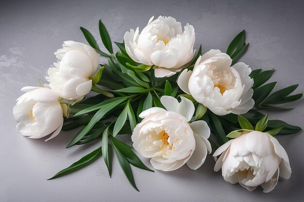 Frische weiße Pfingstblumen auf hellgrauem Tischhintergrund Leerer Platz für emotionale sentimentale Texte Zitate oder Sprüche Nahaufnahme