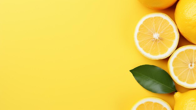Frische Zitronen mit grünen Blättern auf gelbem Hintergrund mit Kopierraum