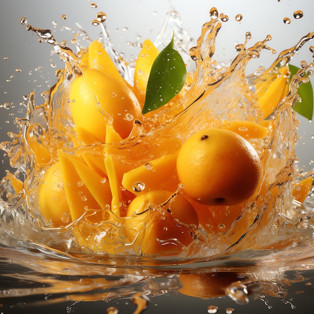 Frische Zitronen und gelbe Mangos mit Wasser besprüht