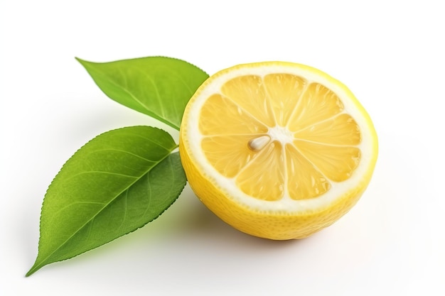 frische Zitronenscheibe mit Blatt auf weißem Hintergrund
