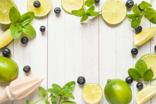 Frische Zitrusfruchtbeerenkalk-Minzenblaubeeren auf einem hellen Hintergrund.