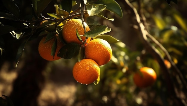 Frische Zitrusfrüchte auf einem grünen Blatt in der Natur, erzeugt durch künstliche Intelligenz