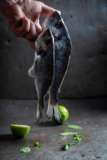 Foto frische zwei seebrassen, die in der hand mit kalk halten