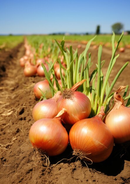 Frische Zwiebeln auf dem Feld Anbau von Gemüse Generative KI