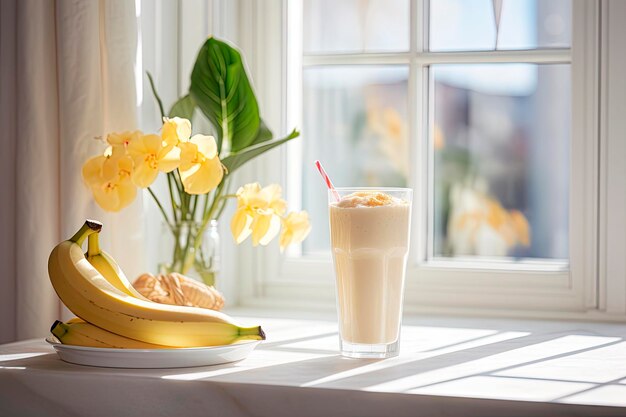 Frischer Bananen-Smoothie auf weißem Tisch