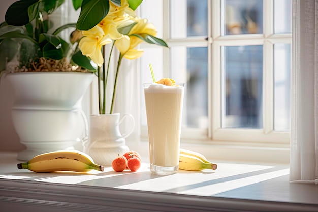 Frischer Bananen-Smoothie auf weißem Tisch