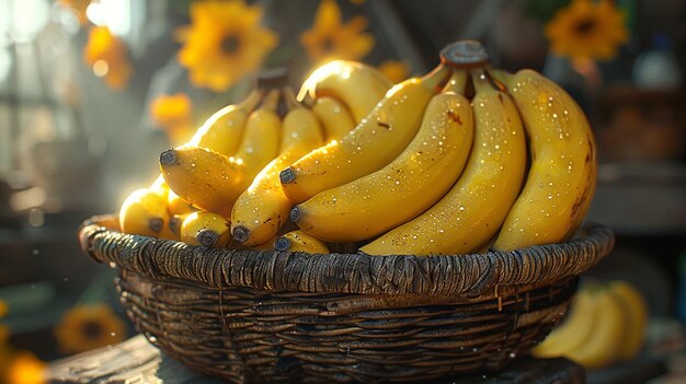 Foto frischer bananenkorb im hintergrund der küche