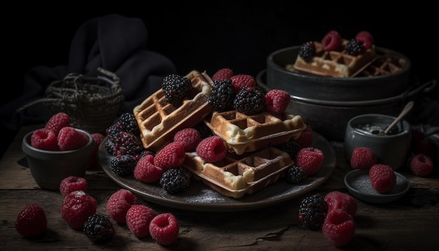 Frischer Beerenwaffelstapel mit Schokoladensauce, generiert von KI