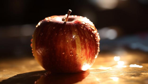 Foto frischer bio-apfel reif und glänzend auf einem holztisch im innenbereich, erzeugt durch ki