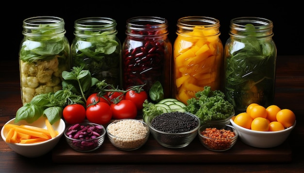 Frischer Bio-Salat mit gesundem Gemüse und Kräutern auf einem Holztisch, erzeugt durch künstliche Intelligenz