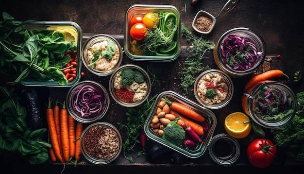 Foto frischer biologischer vegetarischer salat mit mehrfarbiger vielfalt an gesunden zutaten, erzeugt durch künstliche intelligenz