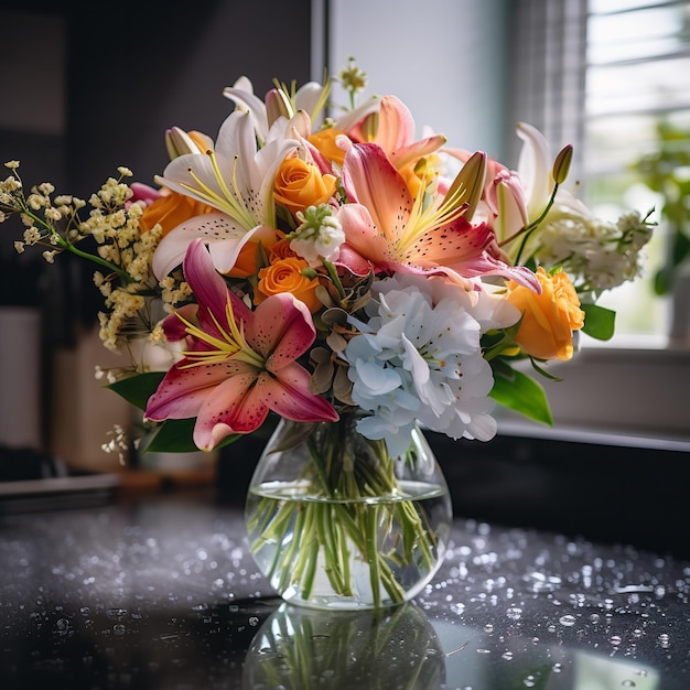 Frischer Blumenstrauß mit Wassertropfen in der Küche Ai generative