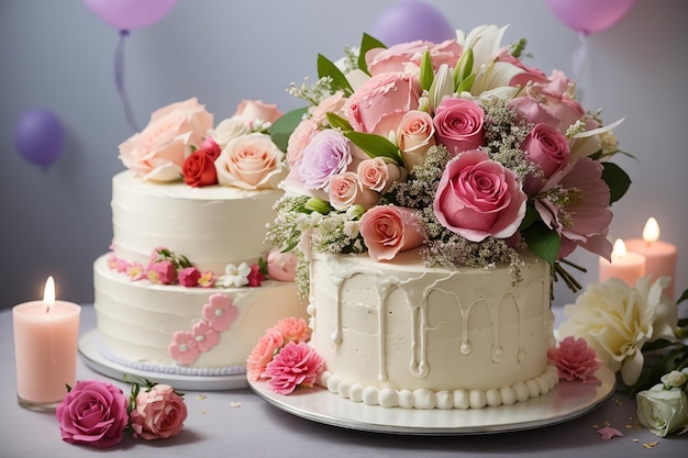 frischer Blumenstrauß, süße Liebeshochzeitsfeier mit Kuchen
