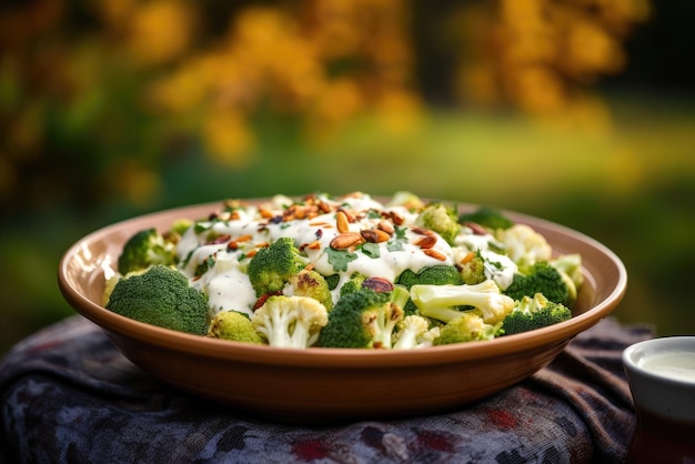 Frischer Brokkoli-Blumenkohl-Salat mit Tahini-Dressing auf dem Teller