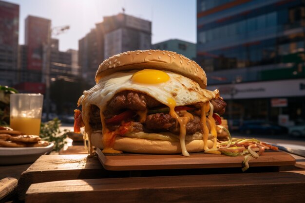 Foto frischer burger mit geschmolzenem cheddar-käse und speck auf einer grauen oberfläche