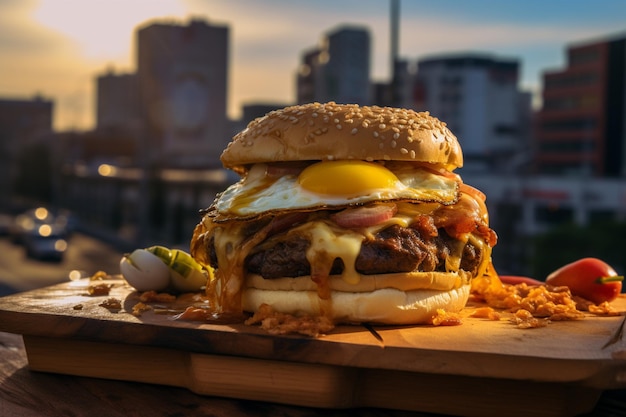 Foto frischer burger mit geschmolzenem cheddar-käse und speck auf einer grauen oberfläche