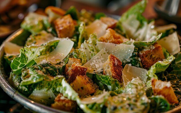 Frischer Caesar-Salat mit knusprigen Croutons, Parmesan-Schippen und cremigem Dressing, serviert in einer rustikalen Schüssel