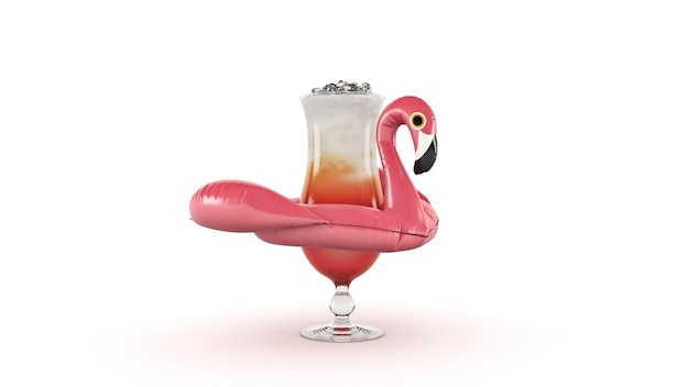 Frischer Cocktail auf aufblasbarem rosa Flamingo-Spielzeug Urlaubskonzept 3D-Rendering