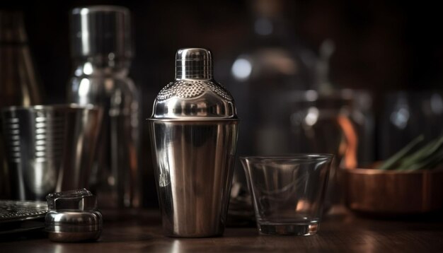 Frischer Cocktail in glänzendem Glas auf einem Metalltisch in einer Bar, erzeugt von KI