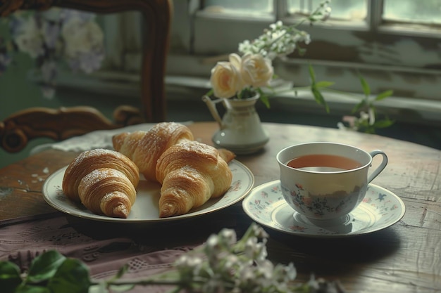 frischer Croissant mit einer Tasse Tee