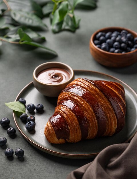 Frischer Croissant mit Schokolade und Blaubeeren auf einem dunklen Teller auf einem grünen Hintergrund mit einem Zweig Close-up köstliches hausgemachtes Frühstückskonzept