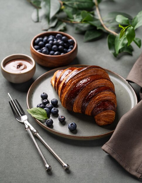 Frischer Croissant mit Schokolade und Blaubeeren auf einem dunklen Teller auf einem grünen Hintergrund mit einem Zweig