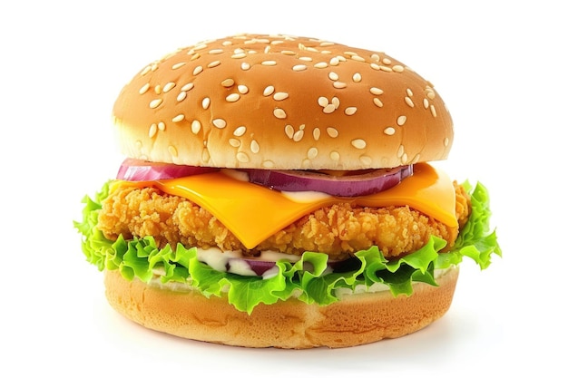 Frischer Doppel-Cheddar-Cheeseburger mit Hühnerkotlette auf weißem Hintergrund