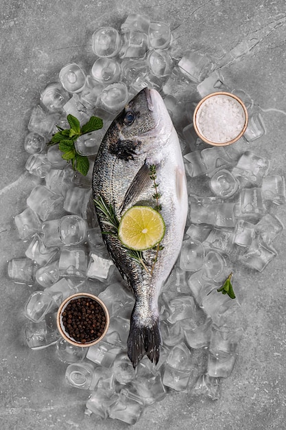 Frischer Dorado in Eis auf einem grauen Marmorhintergrund Roher Fisch mit Gewürzen Rosmarinpfeffer Gesundes einfaches Essen auf dem Bauernhof