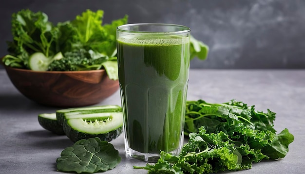 frischer, dunkelgrüner Entgiftungssaft aus Blattgemüse in großem Glas, hergestellt aus Grünkohl, Gurken, Salat und Spinat
