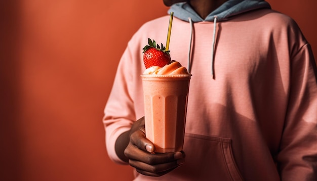 Frischer Erdbeermilchshake drinnen halten, erzeugt durch KI