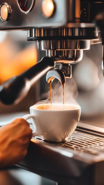 Frischer Espresso, der von einer professionellen Kaffeemaschine in eine Tasse gegossen wird