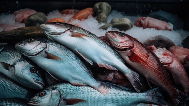 Frischer Fisch auf Eis auf dem Fischmarkt Meeresfrüchte und gesundes Ernährungskonzept