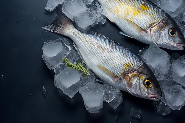 Frischer Fisch auf Eiswürfeln auf grauem Beton-Hintergrund Top-View generierte KI