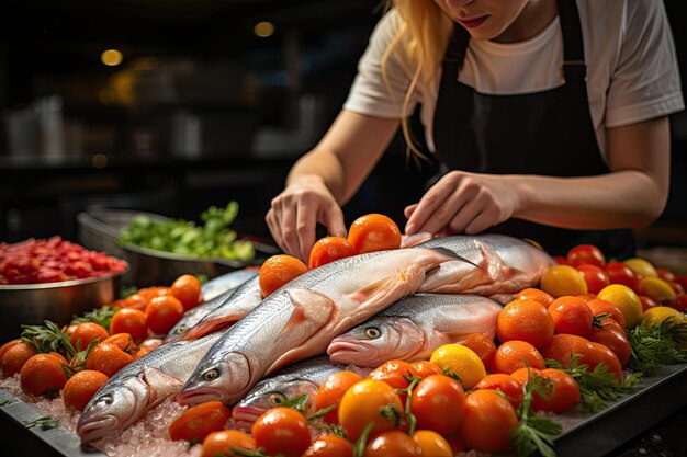 Frischer Fisch in einem Eishaufen im Supermarkt oder auf dem Markt, gemischter Fisch zum Verkauf auf dem Markt, Hintergrund mit frischem Fisch mit Eis, Ai erzeugen